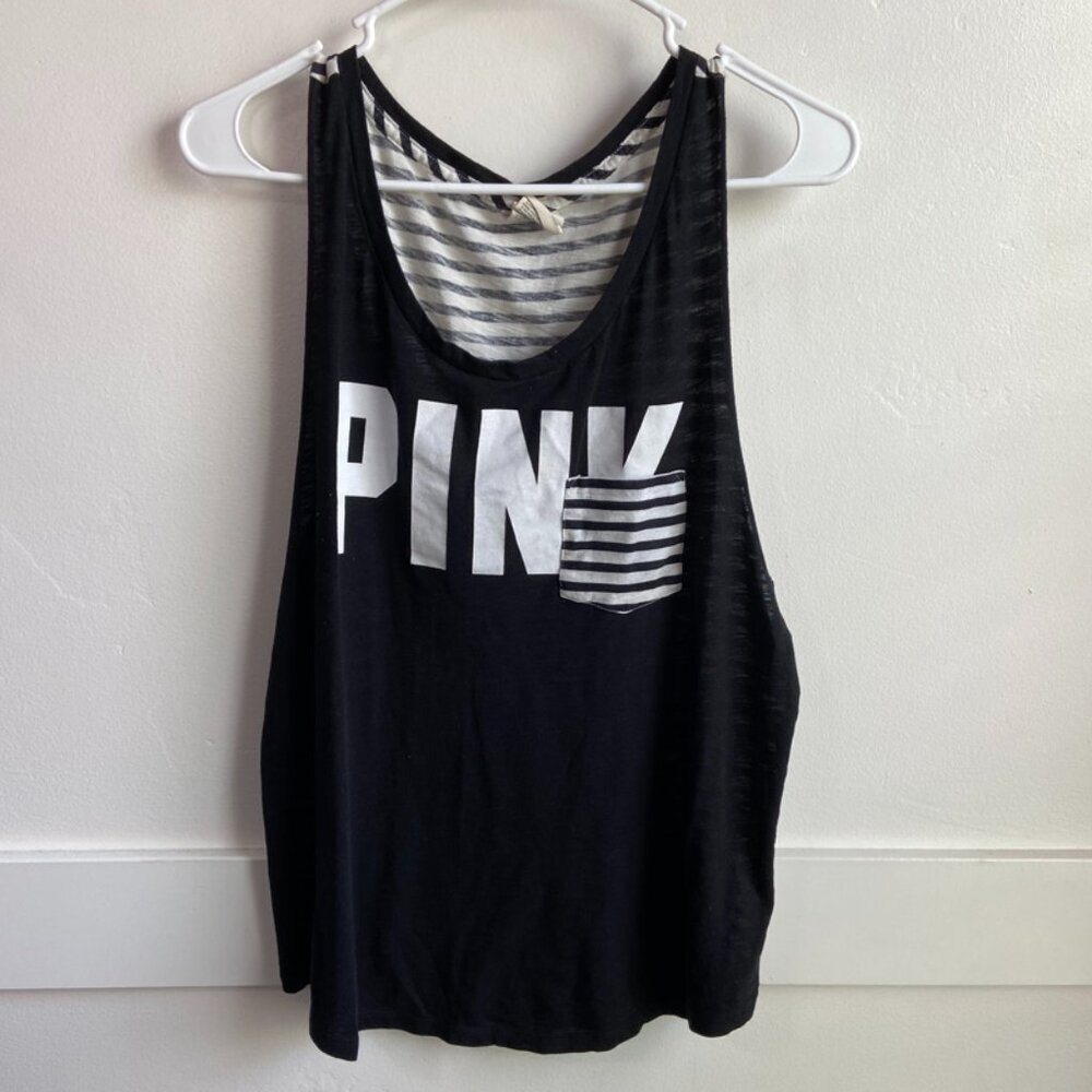 Victoria's Secret Pink Black & White Striped Logo Tank Top With Pocket